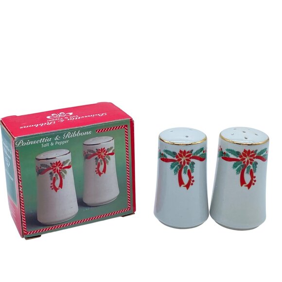 Tienshan/Fairfield Poinsettia & Ribbons Salt Pepper Shakers Festive Holiday READ - Picture 1 of 7